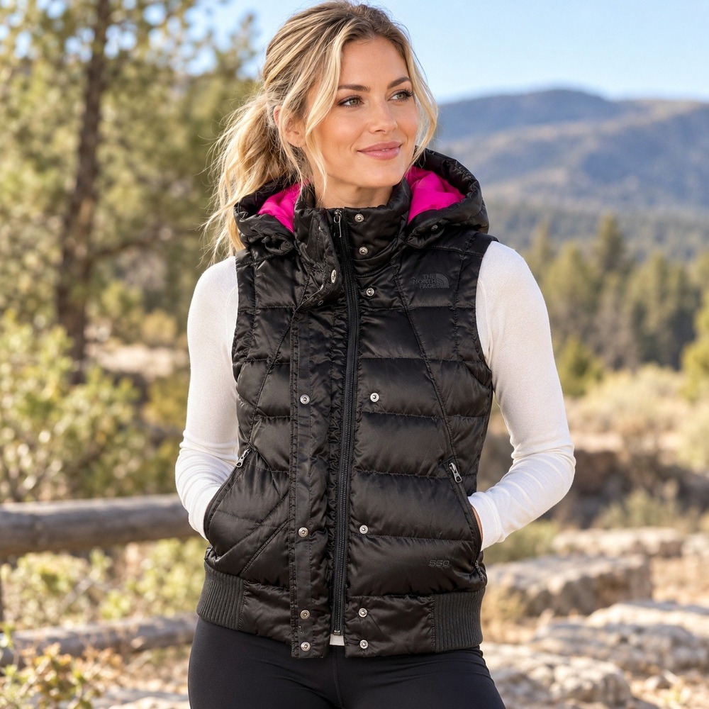 The North Face Women's XS 550 Down Hooded Puffer Vest Black Pink F14